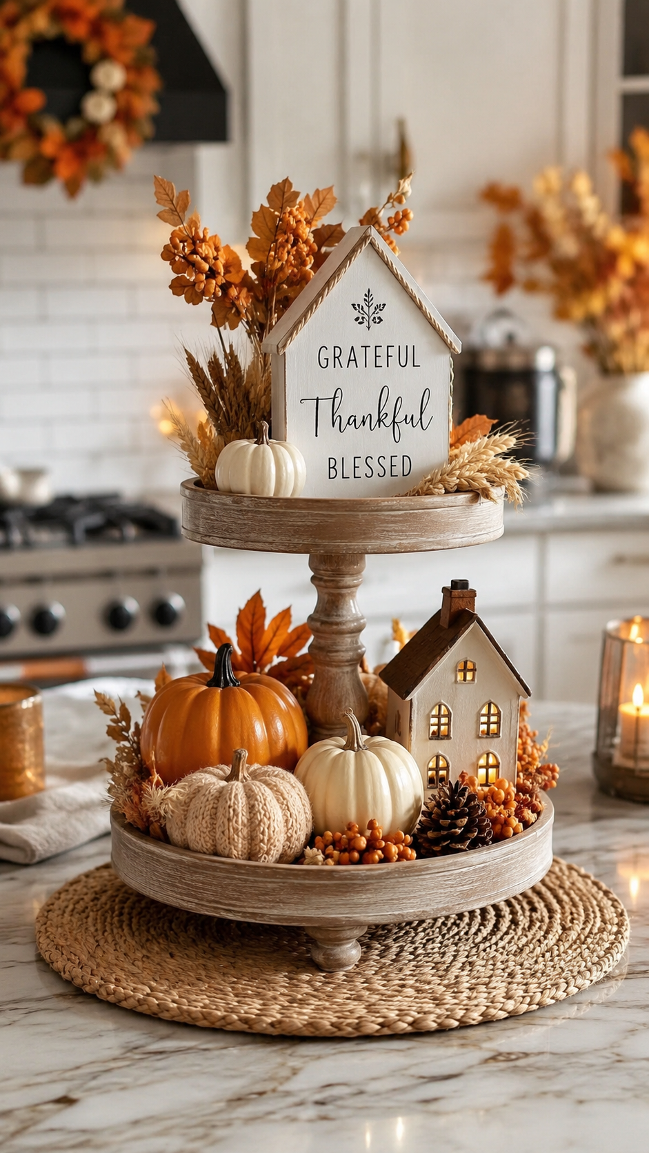 Fall kitchen tiered tray centerpiece with pumpkins, wheat, berries, pinecones, candles, farmhouse signs, and marble island decor