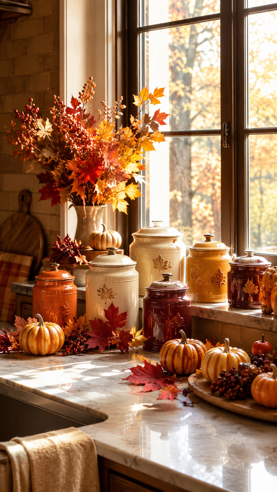 Fall kitchen countertop decor with ceramic canisters, pumpkins, maple leaves, berry stems, autumn branches, marble counter, and warm sunlight