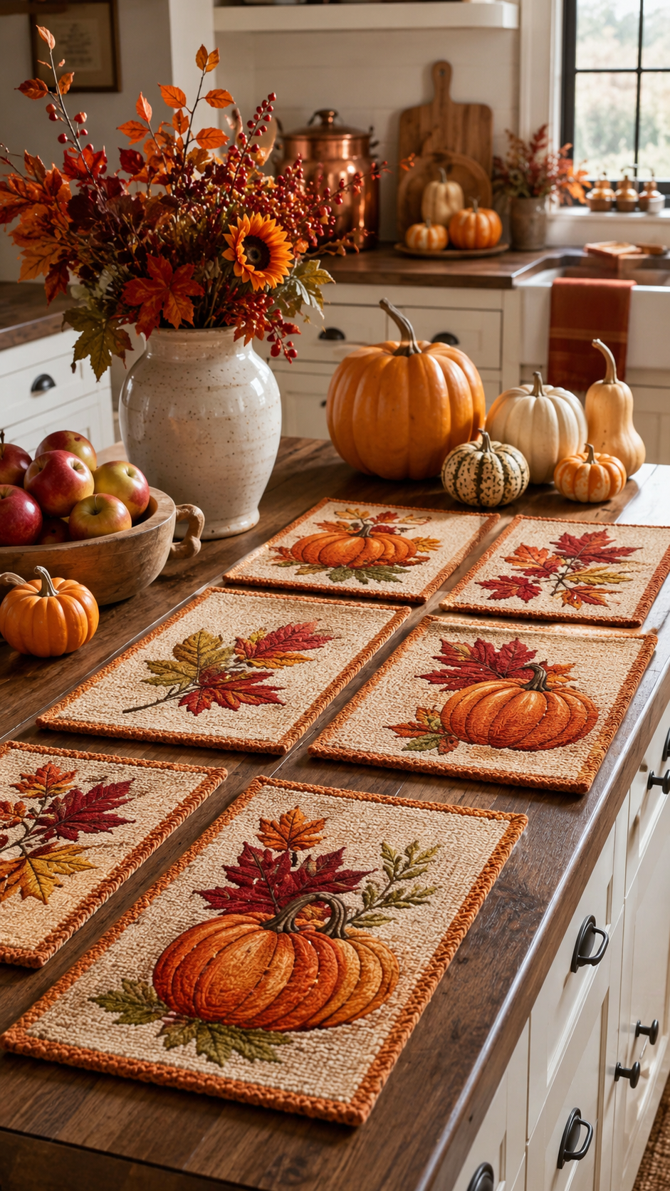 Harvest fall kitchen island with pumpkin placemats, ceramic vase, seasonal branches, apples, pumpkins, farmhouse sink, wood island, and rustic decor