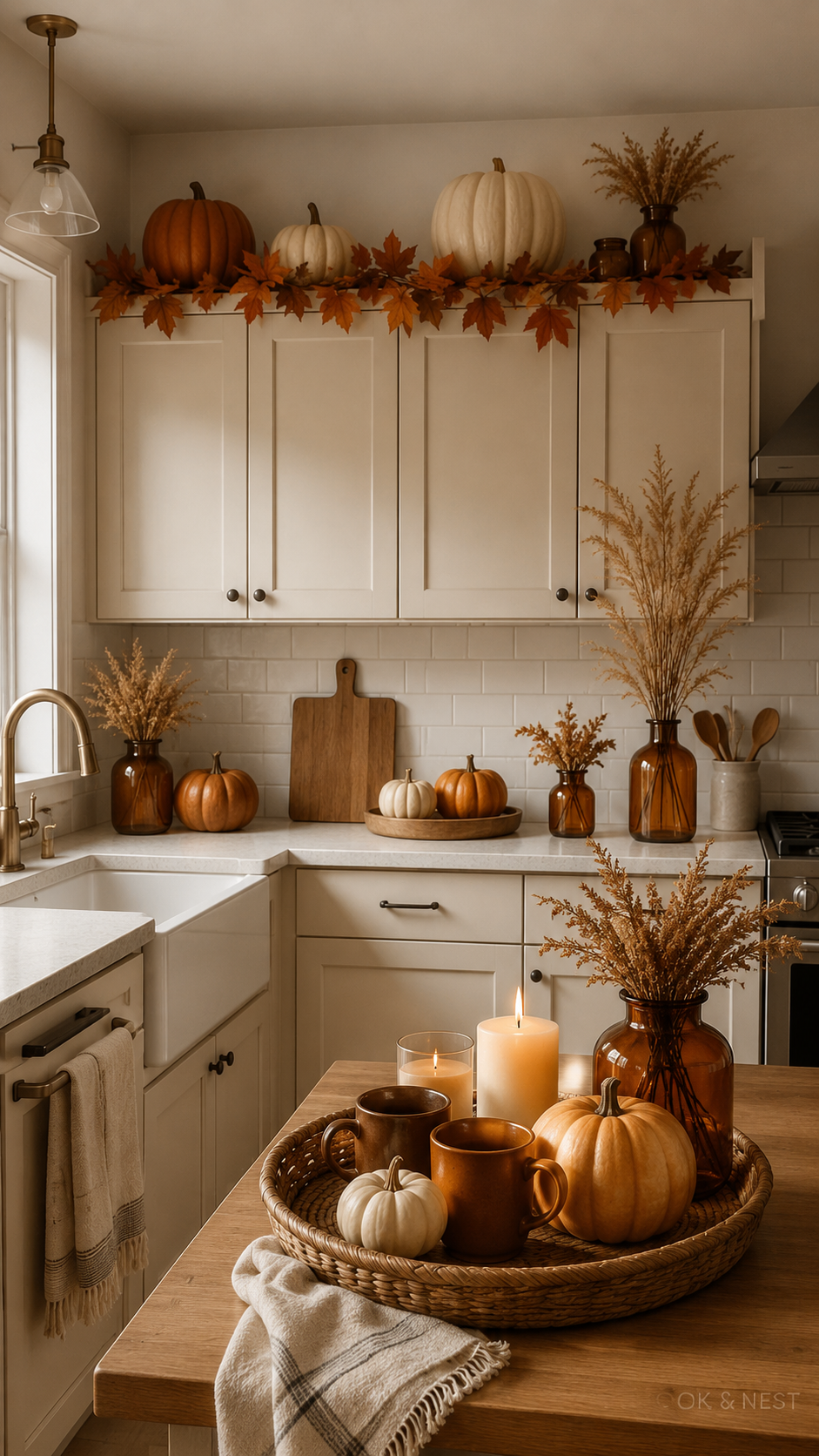 Cream fall kitchen decor with pumpkins above cabinets, amber vases, farmhouse sink, wooden table, candles, plaid throw, and dried stems