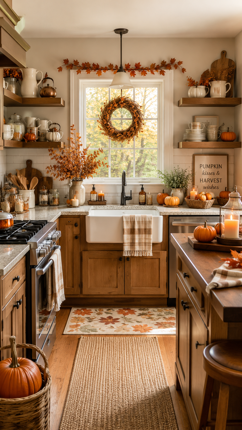 Cozy farmhouse fall kitchen with window wreath, farmhouse sink, pumpkins, open shelves, leaf garland, candles, wood cabinets, and autumn rug