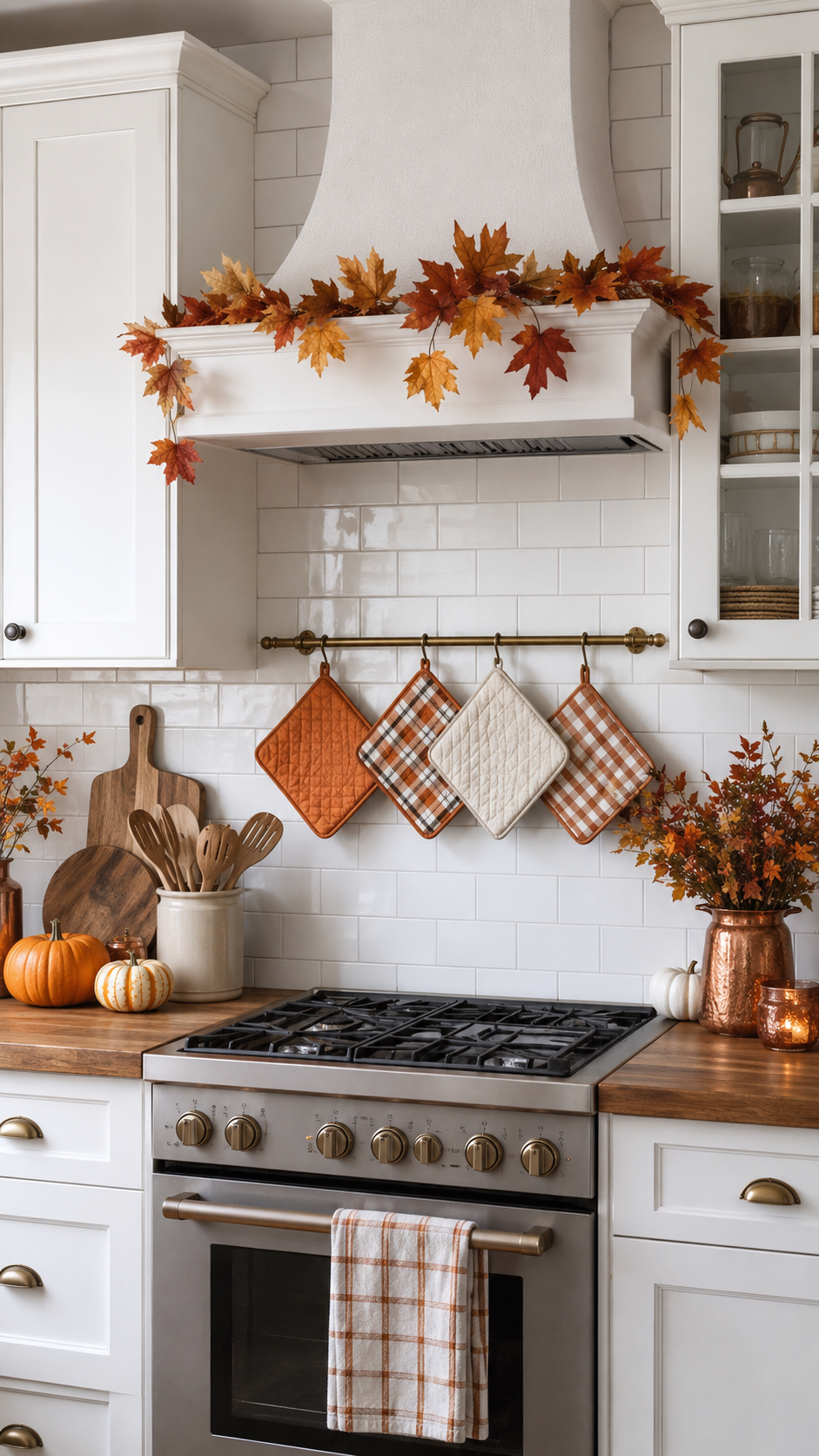 Fall kitchen stove decor with white cabinets, subway tile backsplash, autumn garland on range hood, plaid pot holders, copper vase, pumpkins, and candles