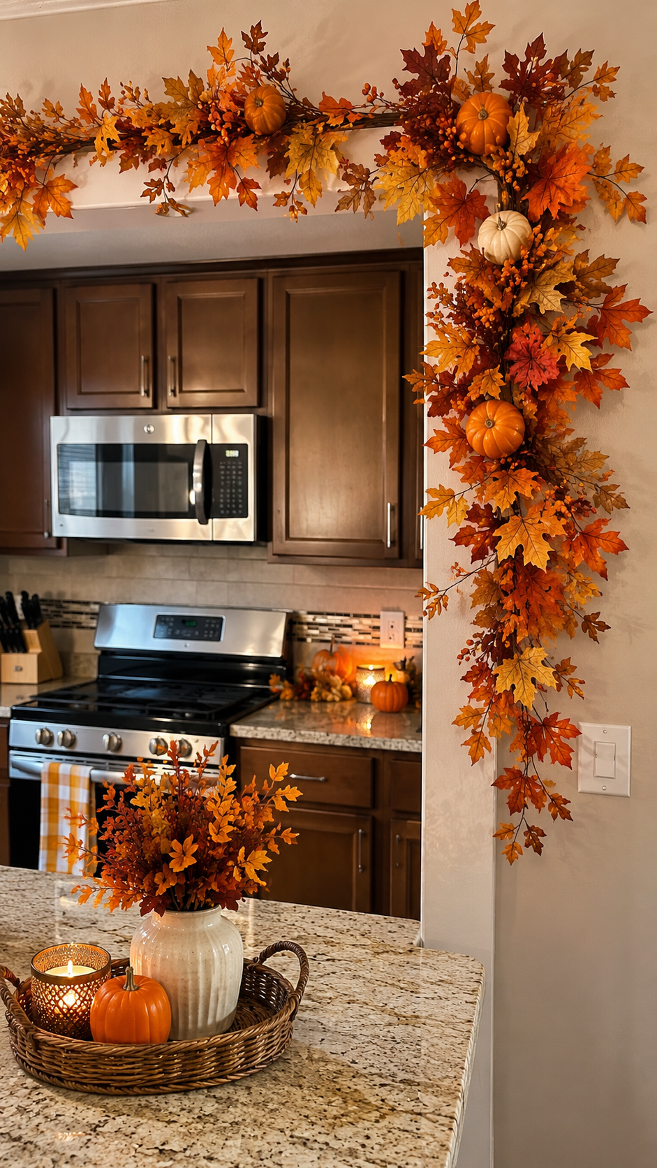 Fall kitchen doorway decor with maple leaf garland, small pumpkins, traditional wood cabinets, granite countertop, woven tray, candle, and autumn branches