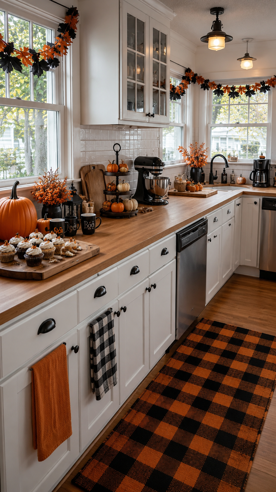White fall kitchen with Halloween-inspired decor, orange and black garlands, pumpkins, tiered trays, black accents, butcher-block counters, and check rug