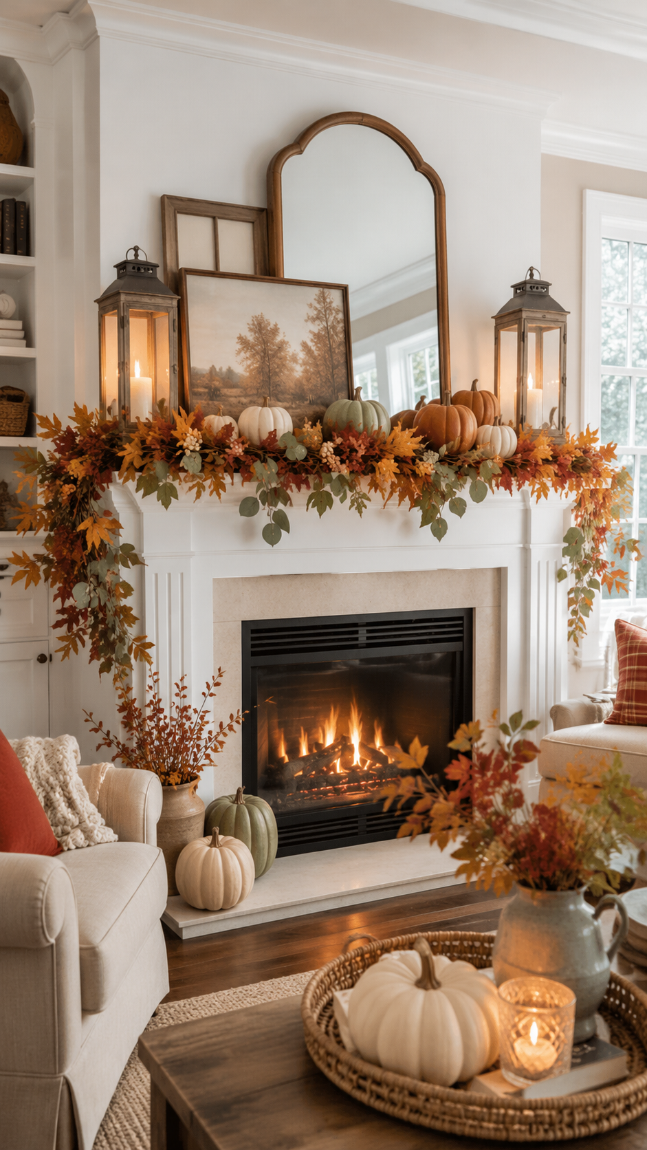 Fall living room decor ideas with white fireplace, autumn garland, pumpkins, arched wood mirror, lanterns, cream sofa, and rustic coffee table