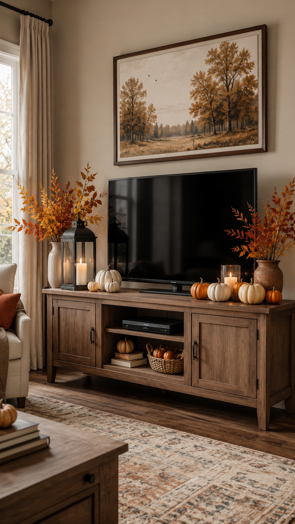 Fall living room with rustic wooden TV console, autumn landscape art, pumpkins, lantern, fall branches, armchair, and cozy farmhouse decor