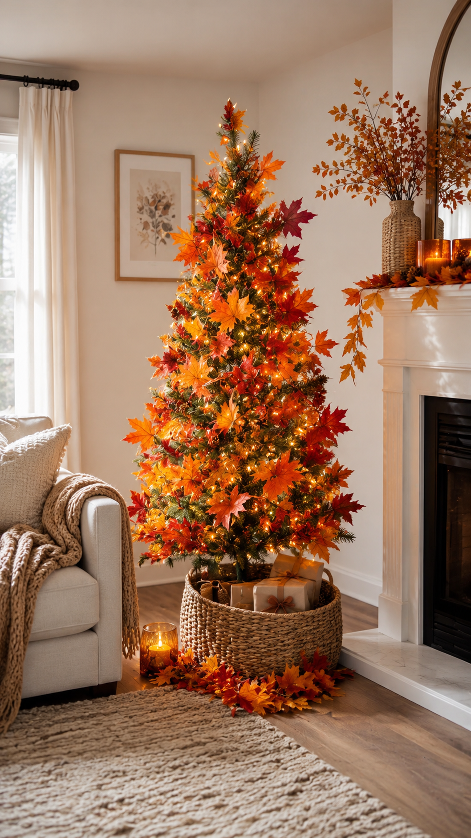 Fall living room corner with glowing autumn tree, maple leaves, basket base, cream armchair, fireplace mantel, candles, and cozy autumn decor