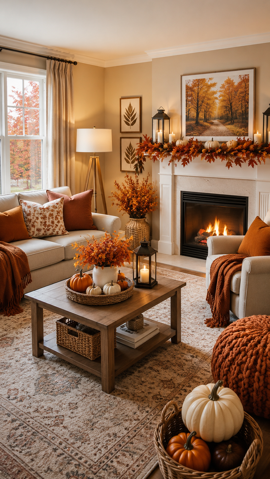 Classic fall living room with white fireplace, autumn leaf garland, glowing fire, neutral sofas, rust pillows, coffee table tray, pumpkins, and candles