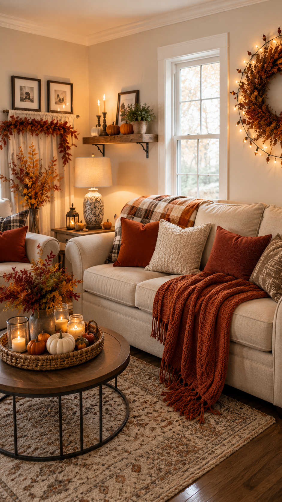 Fall living room with cream sofa, rust throw blanket, autumn wreath, floating shelf, wooden coffee table, pumpkins, candles, and cozy decor