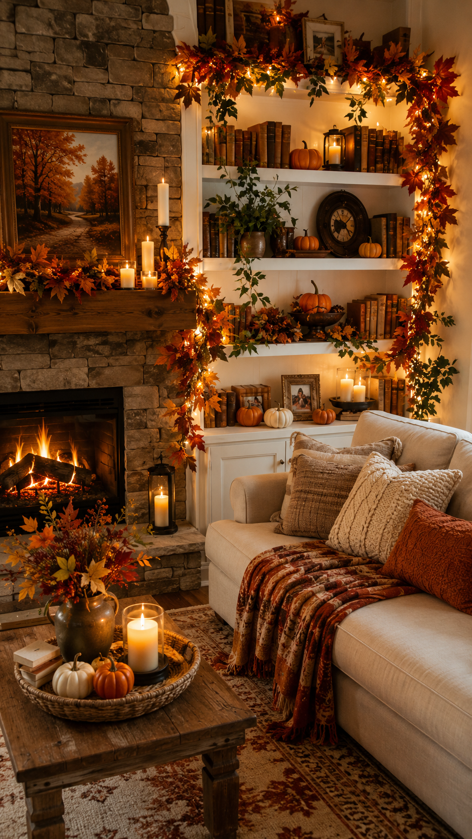 Rustic fall living room with stone fireplace, built-in shelves, mantel garland, candles, pumpkins, cream sofa, vintage books, and wooden coffee table