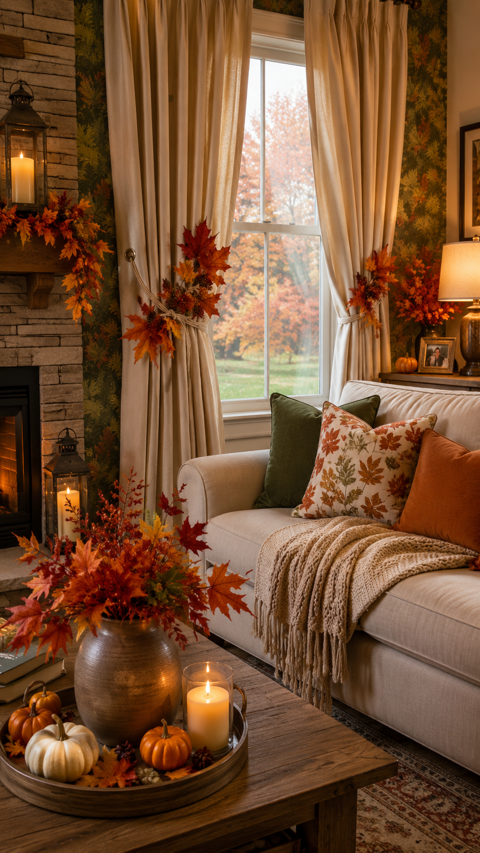 Fall living room with tall window, cream curtains, leaf tiebacks, stone fireplace, green wallpaper, cream sofa, autumn pillows, coffee table tray, and fall branches