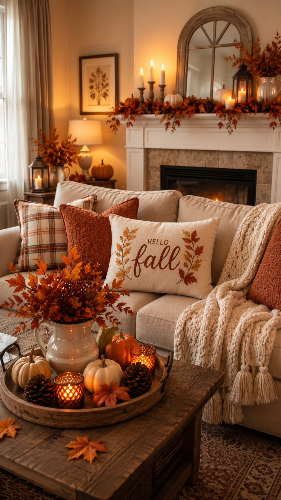 Fall living room with cream sofa, Hello Fall pillow, fireplace mantel garland, arched wood mirror, rustic coffee table, pumpkins, candles, and orange branches