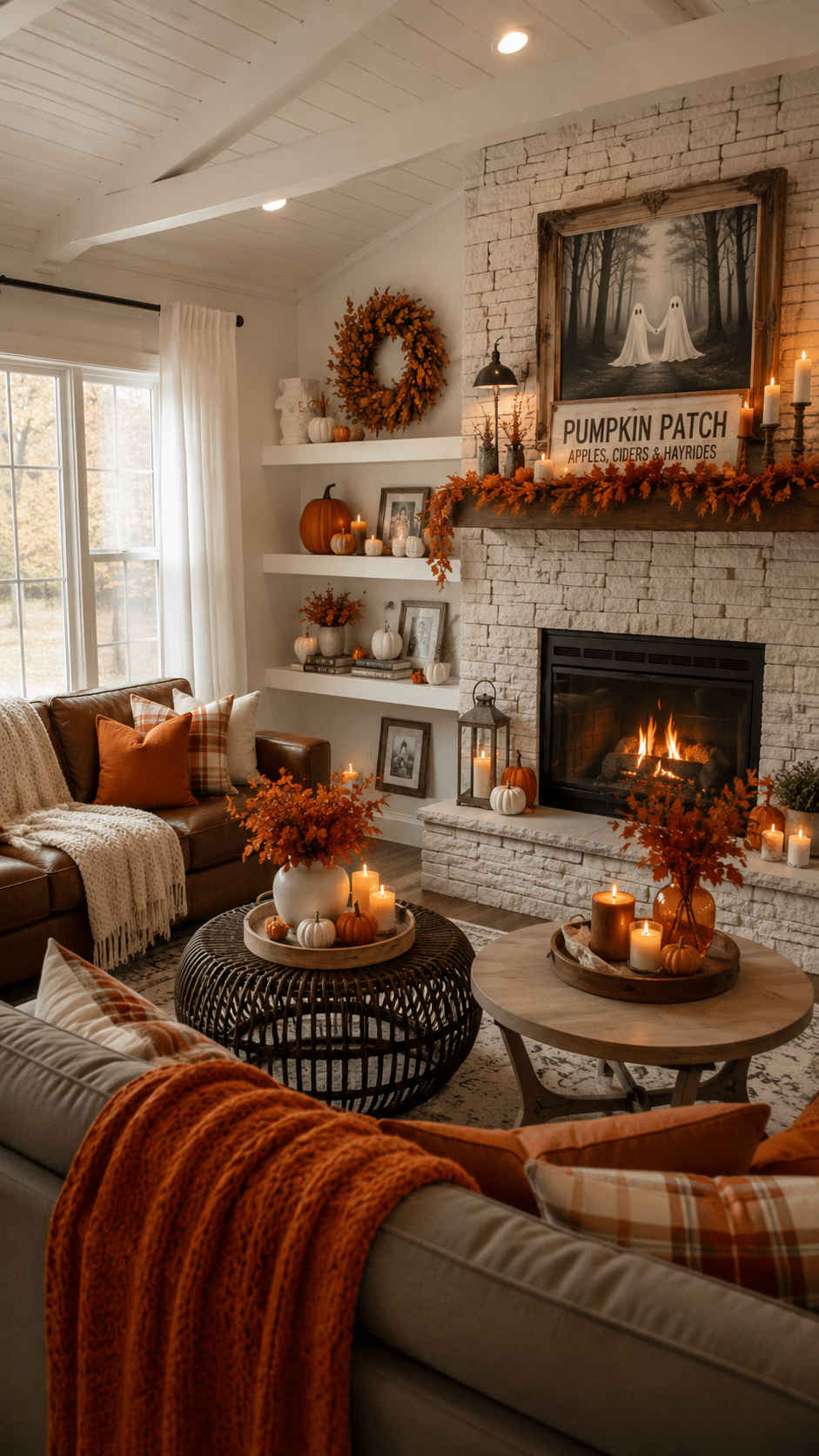 Cozy fall living room with white stone fireplace, pumpkin patch mantel sign, ghost artwork, leather sofa, plaid pillows, candles, and rustic coffee tables