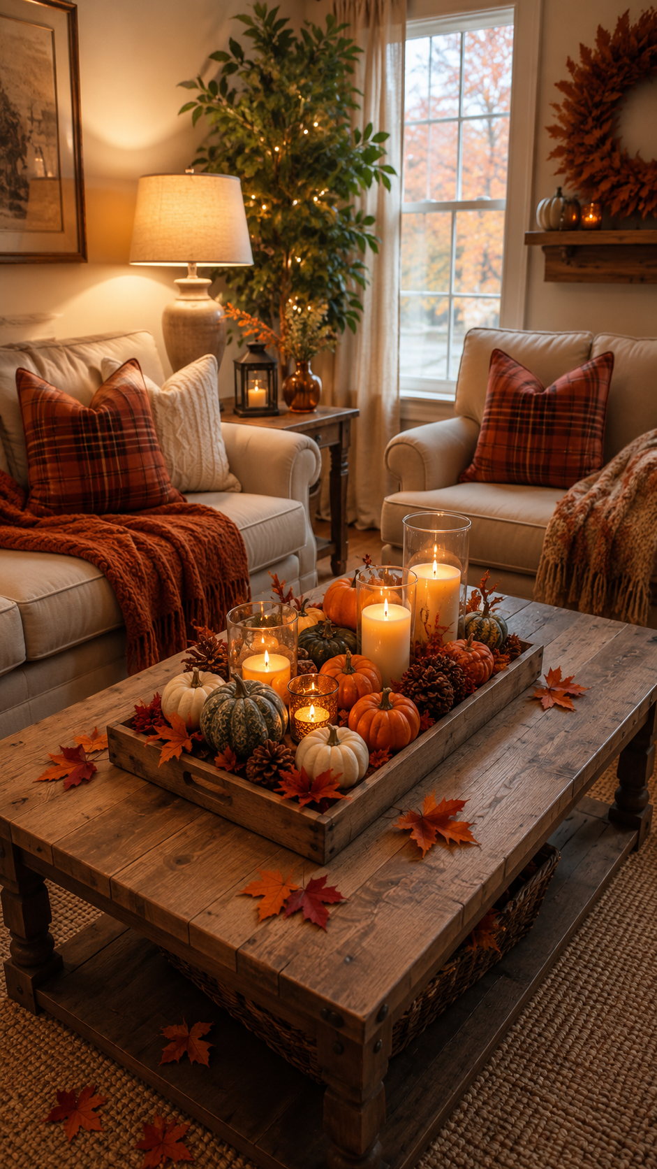 Rustic fall living room with wooden coffee table, long tray, candles, pumpkins, pinecones, maple leaves, cream sofas, orange pillows, and cozy autumn decor