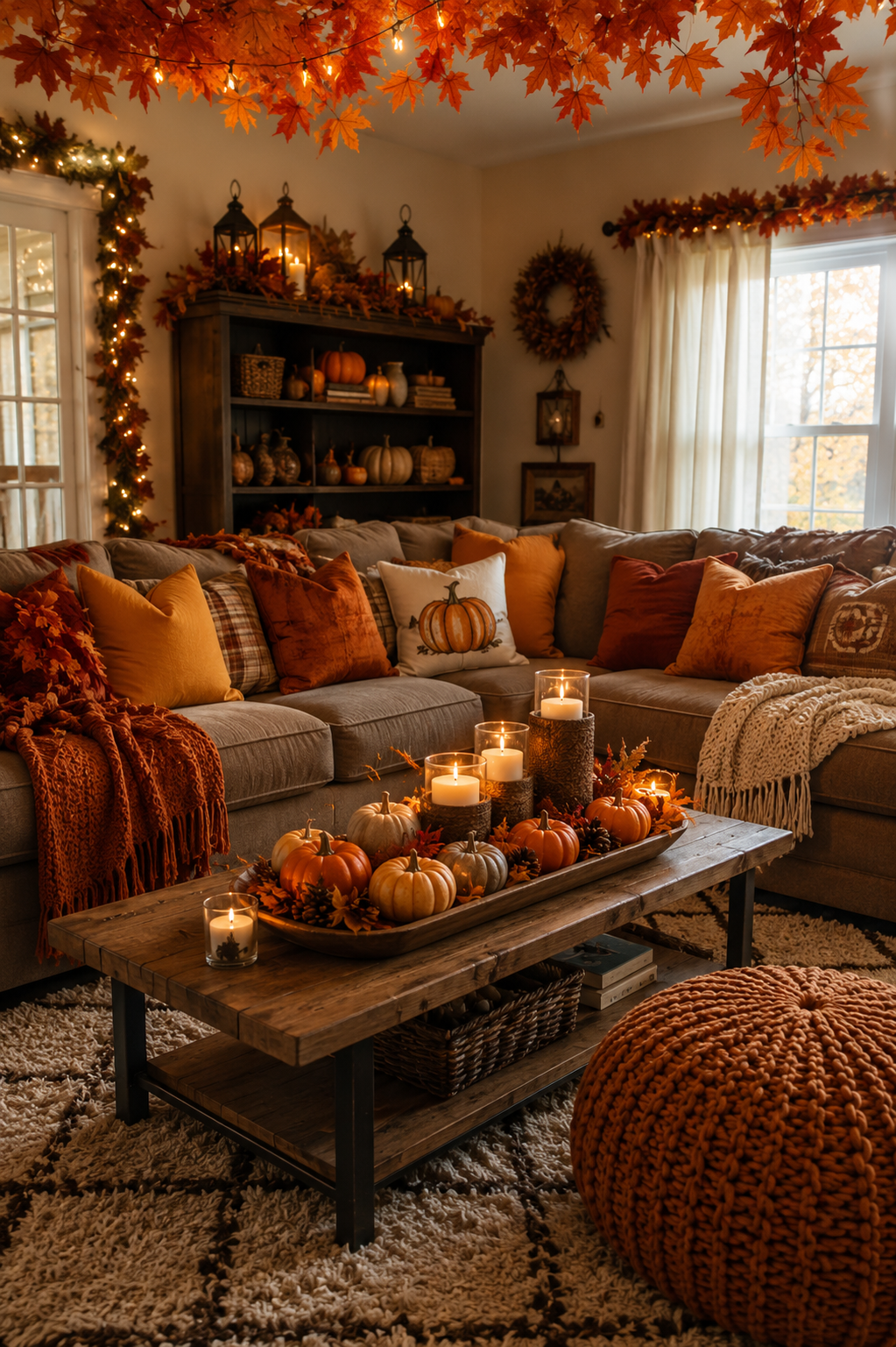 Fall living room with ceiling maple leaves, string lights, sectional sofa, autumn pillows, rustic coffee table, pumpkin tray, lanterns, and cozy rug