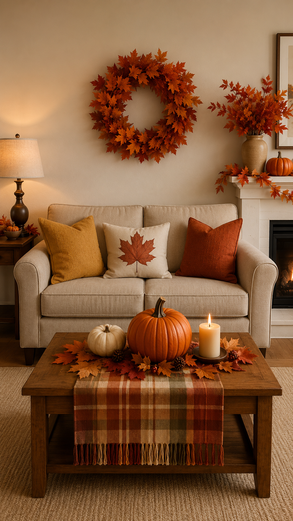 Simple fall living room with cream loveseat, maple leaf wreath, plaid coffee table runner, orange pumpkin, candle, fireplace, and warm autumn styling
