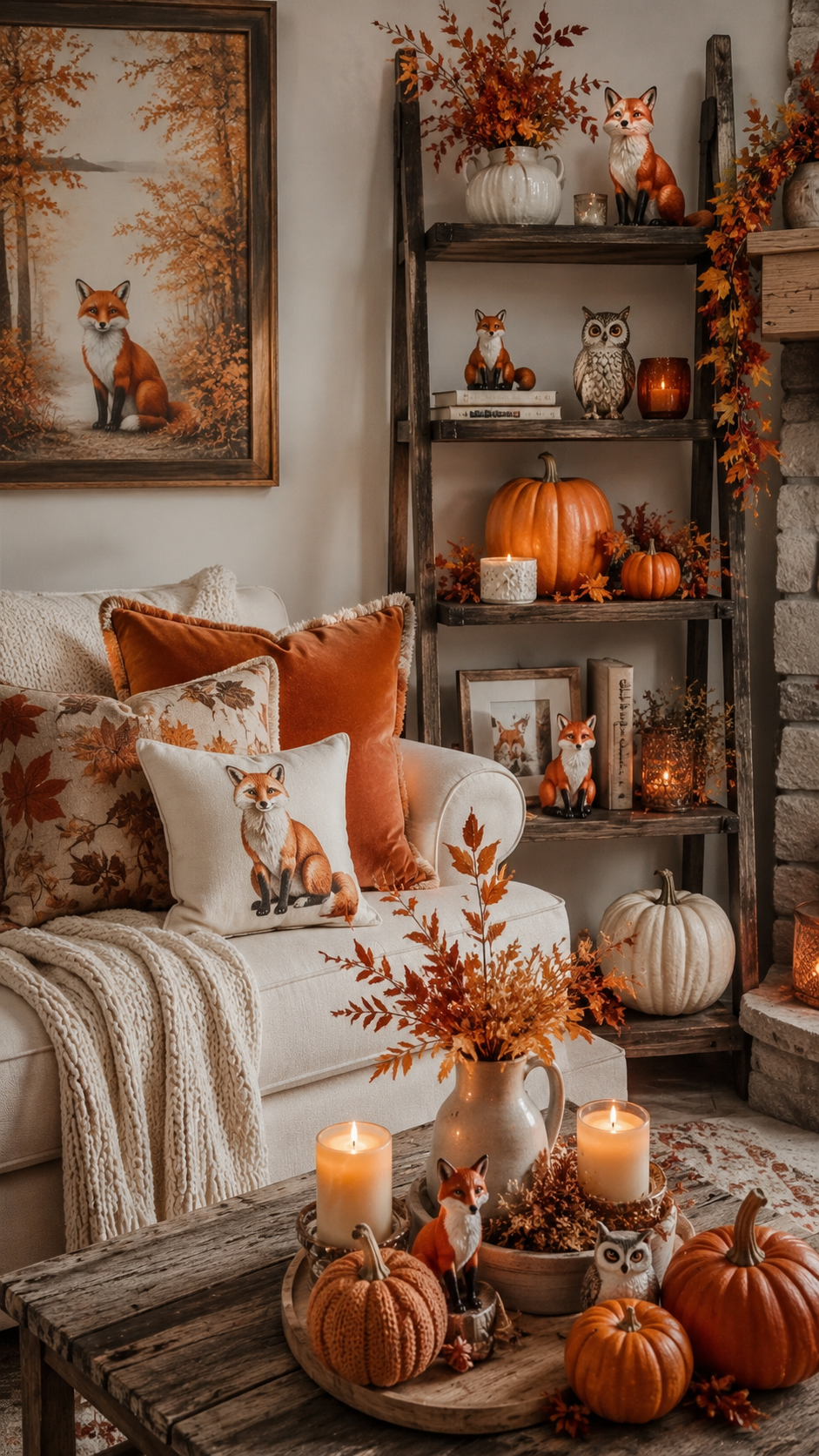 Woodland fall living room with fox wall art, cream armchair, fox pillow, rustic ladder shelf, pumpkins, candles, owl decor, coffee table tray, and stone fireplace