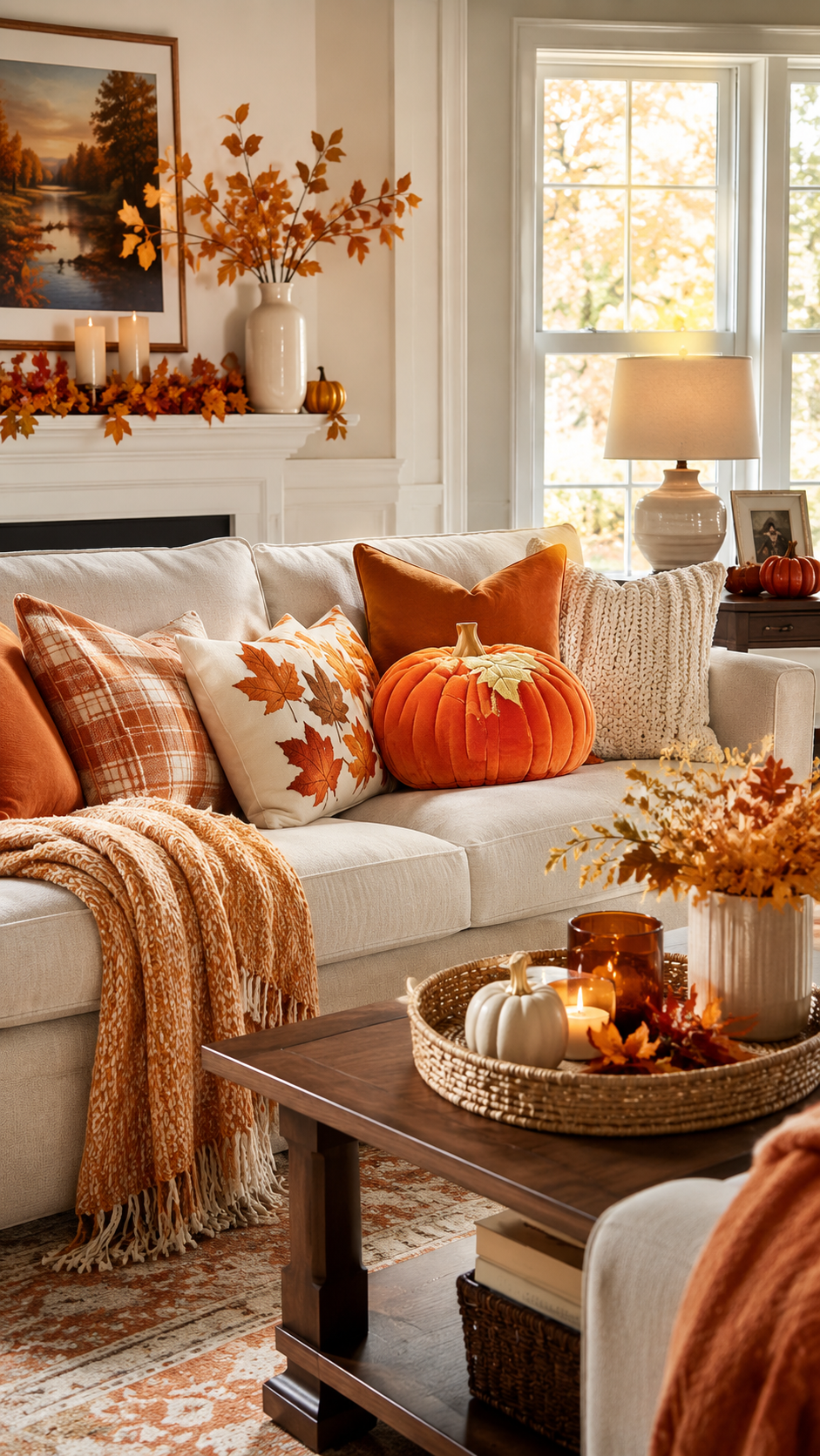 Sunlit fall living room with cream sofa, velvet pumpkin pillow, orange throw, fireplace mantel, fall artwork, woven tray, candles, and pumpkins