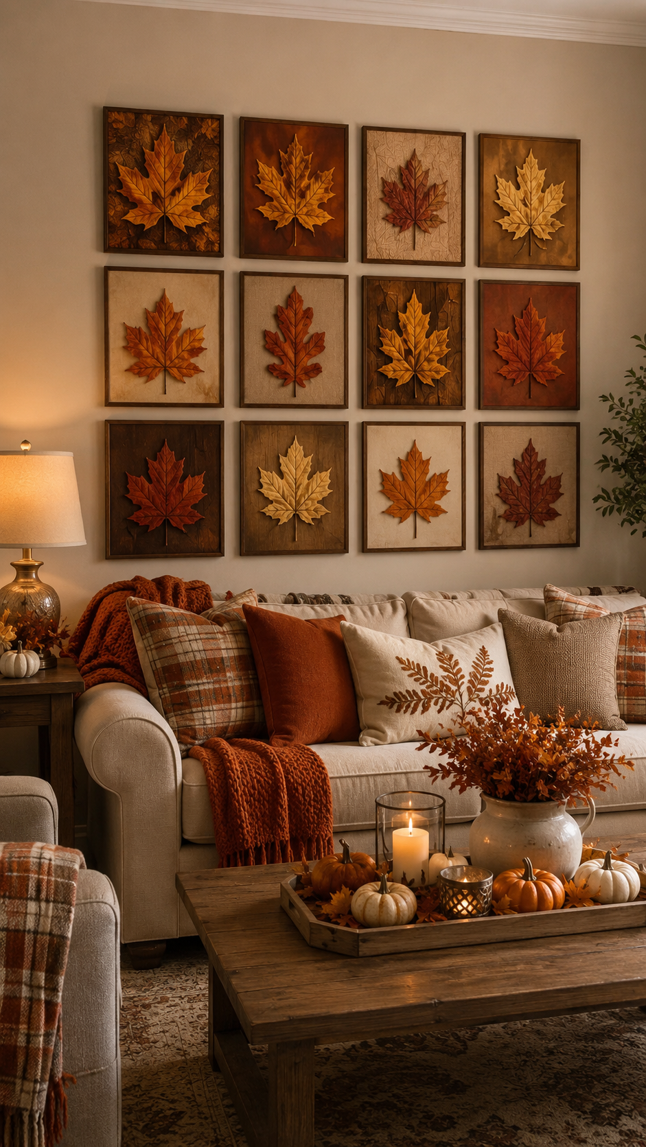 Fall living room with framed leaf gallery wall, cream sofa, plaid pillows, orange throw, wooden coffee table, pumpkins, candle, pitcher with branches, and plant