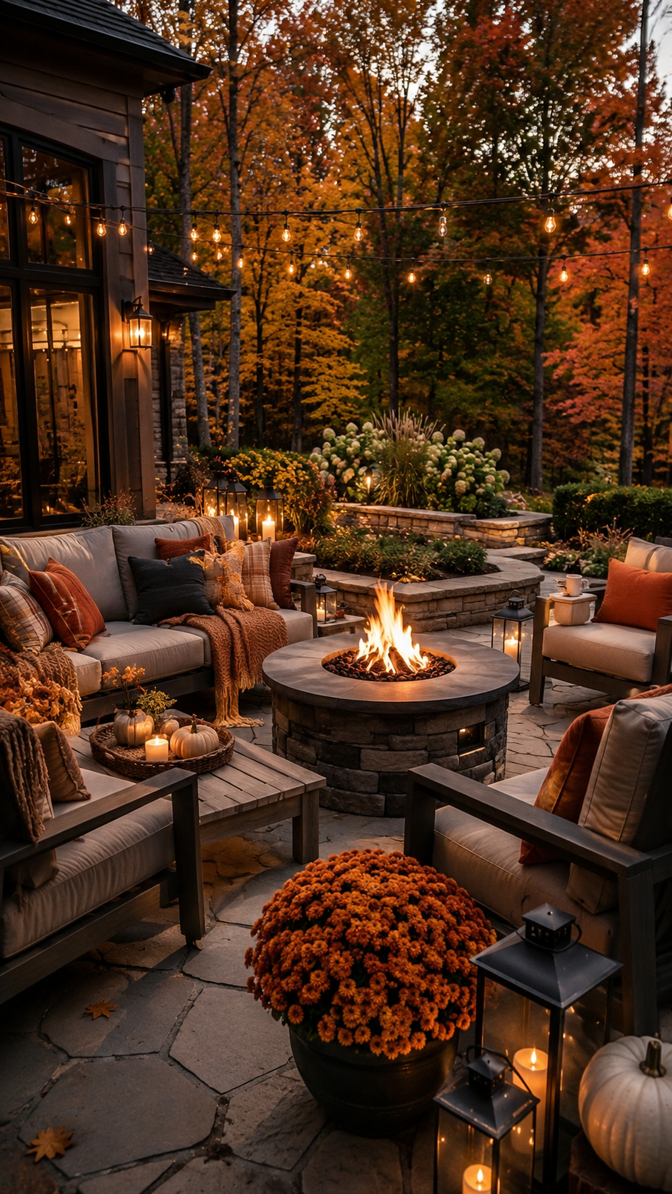 Fall patio decor ideas with round stone fire pit, outdoor sofas, pumpkins, orange mums, lanterns, string lights, and cozy autumn seating
