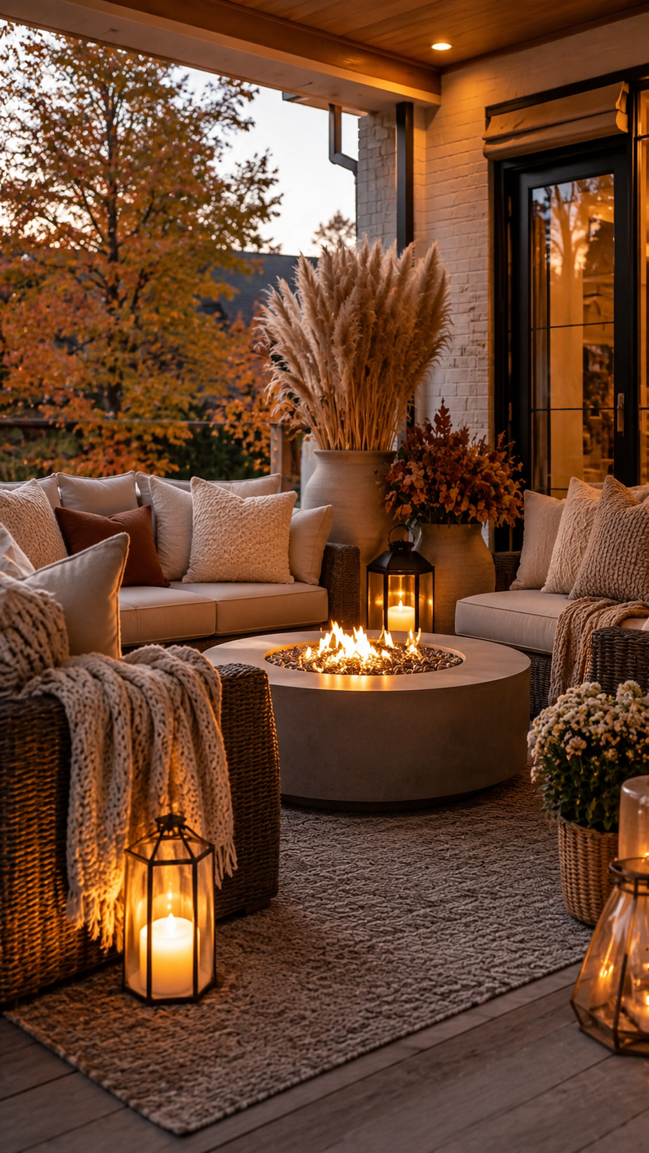 Covered fall patio with modern fire pit, woven sofas, cream cushions, rust pillows, pampas grass, lanterns, outdoor rug, and autumn tree view