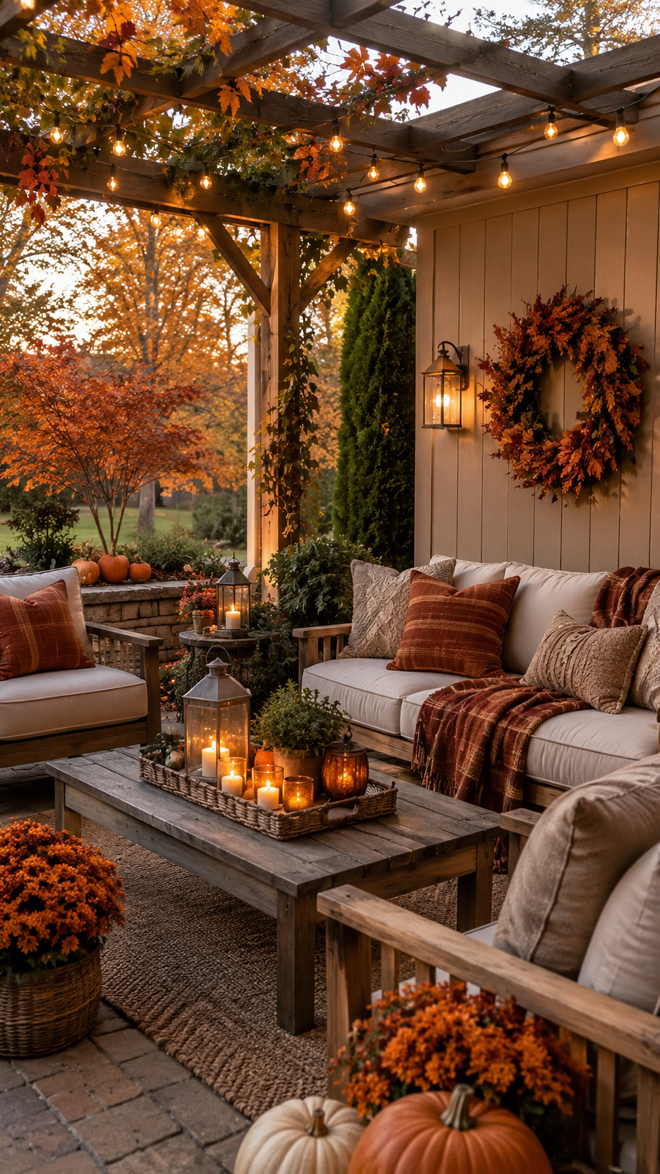 Pergola fall patio decor with cream seating, string lights, rustic coffee table, fall wreath, pumpkins, mums, lanterns, and woven outdoor rug