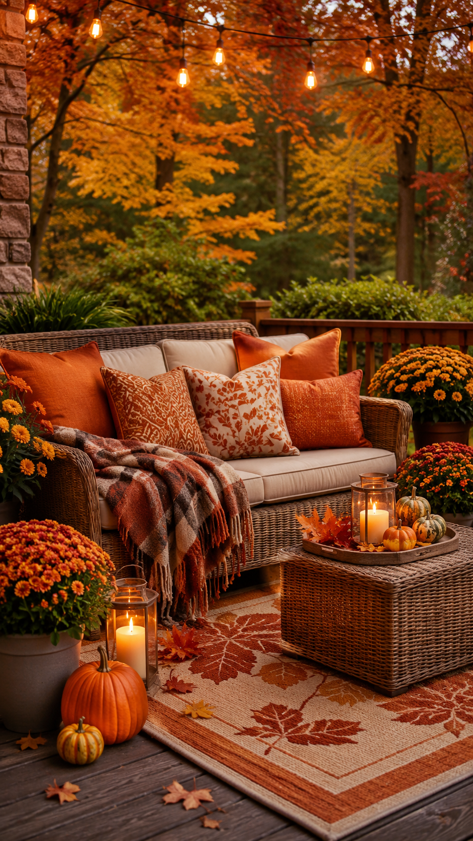 Cozy autumn patio with wicker sofa, cream cushions, orange pillows, plaid throw, candle tray, pumpkins, mums, lanterns, and leaf rug