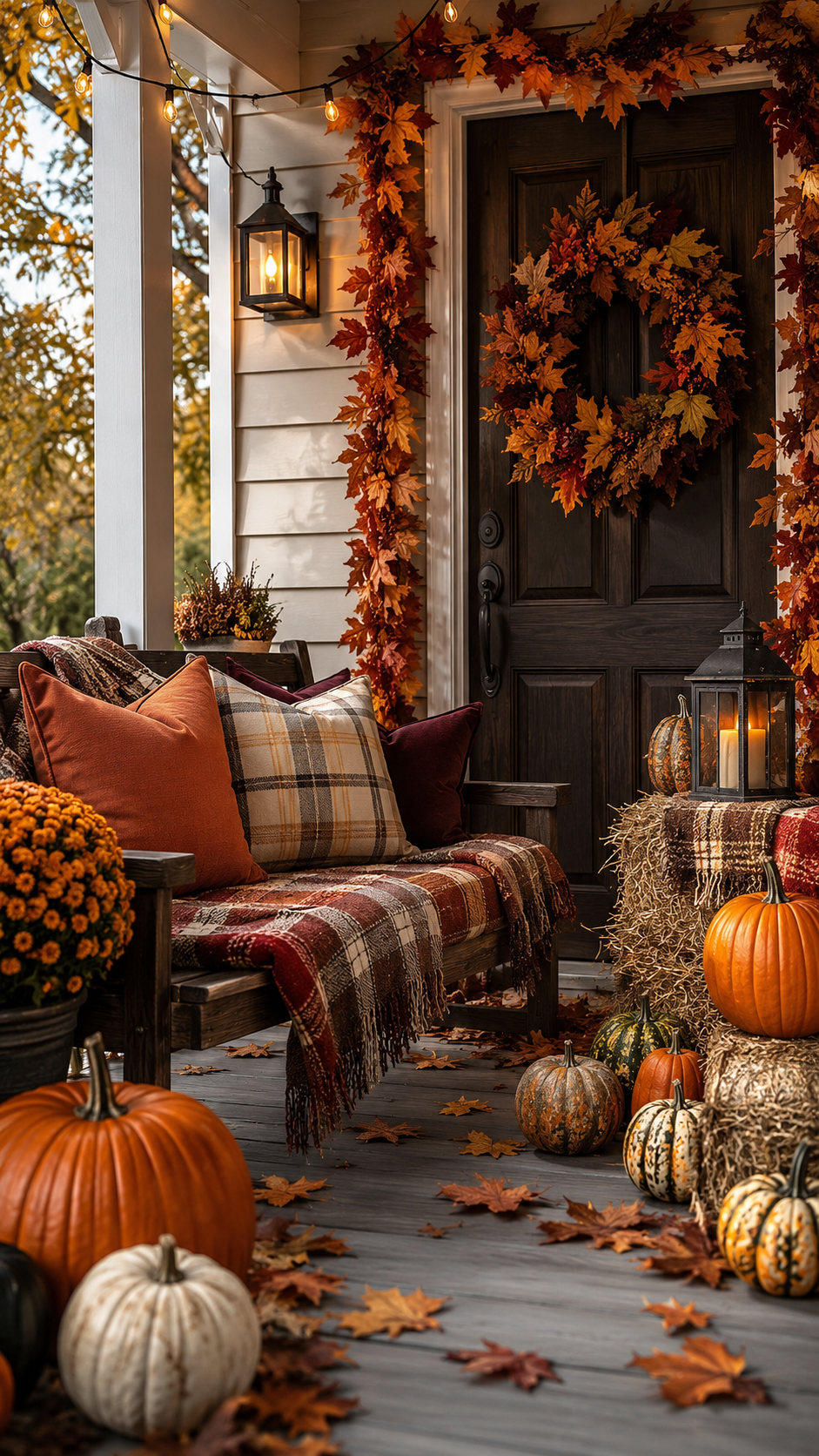 Fall front porch decor with dark wood door, autumn wreath, leaf garland, wooden bench, plaid pillows, pumpkins, hay bales, lanterns, and mums