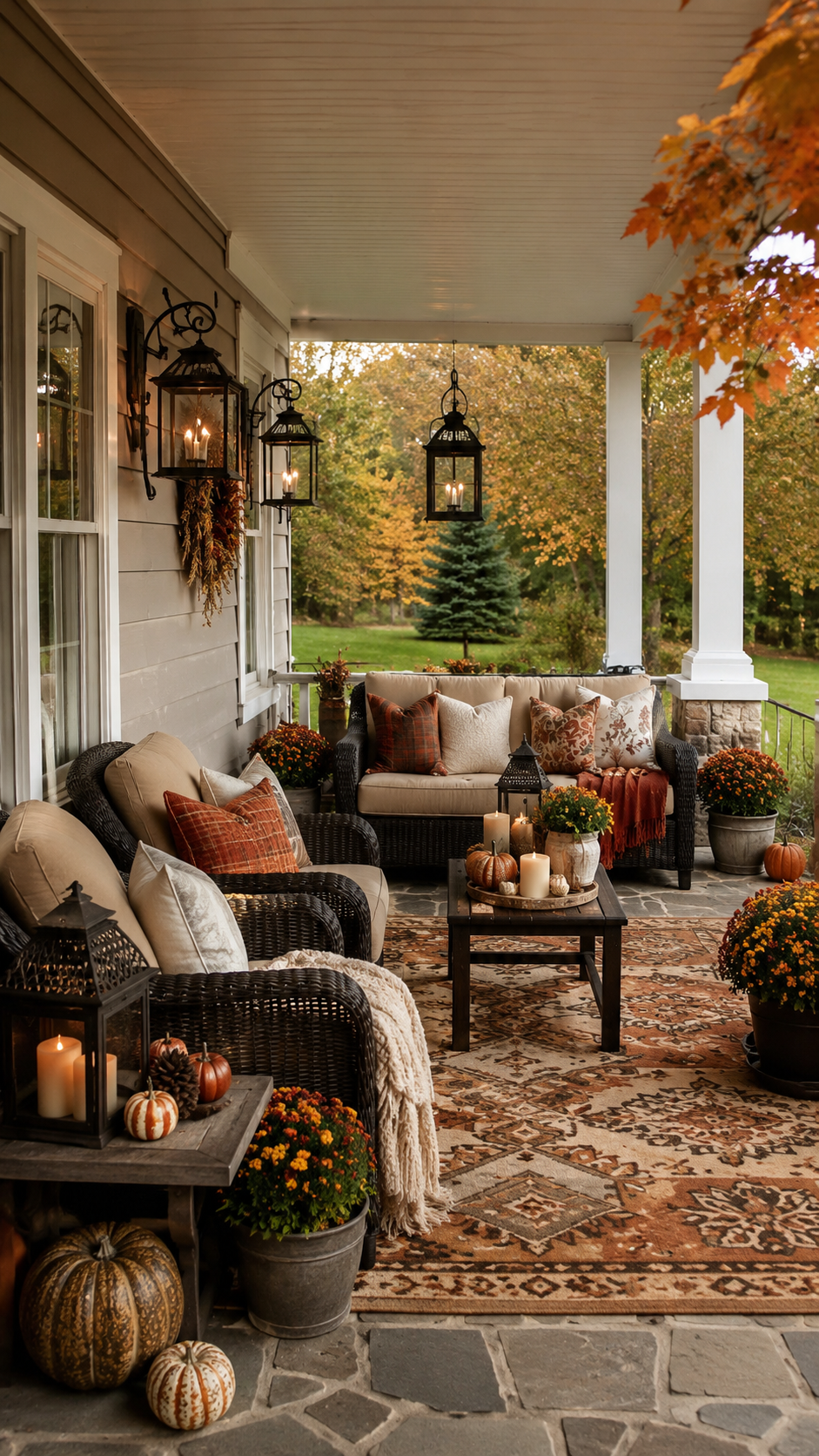 Covered porch fall patio decor with wicker chairs, cream cushions, plaid pillows, outdoor rug, lanterns, pumpkins, orange mums, and column details