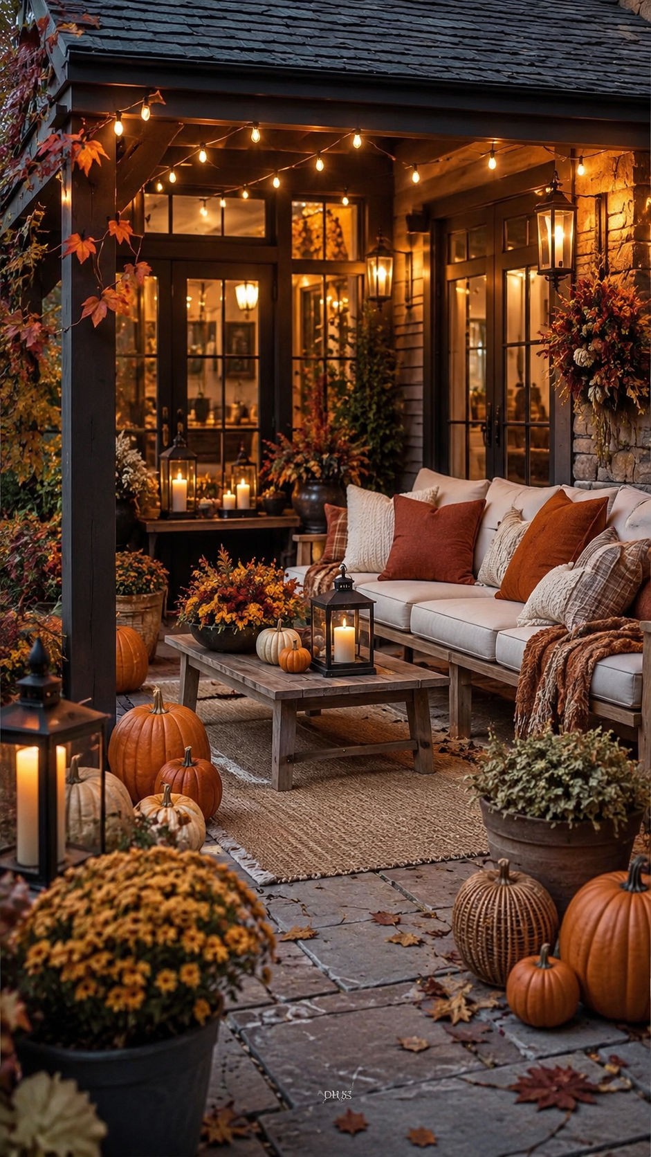 Covered fall patio with cream sofa, burnt orange pillows, black lanterns, pumpkins, wooden coffee table, string lights, stone floor, and fall flowers