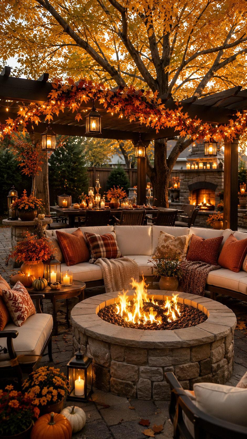 Luxury fall patio with large round fire pit, pergola, cream outdoor sofas, autumn leaf garlands, lanterns, pumpkins, mums, outdoor fireplace, and dining area