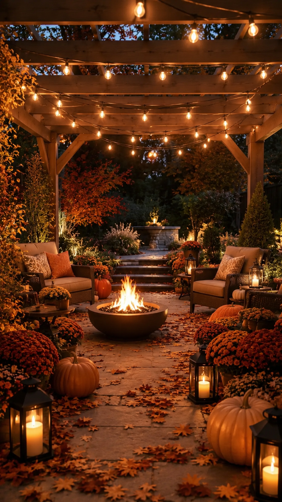 Evening fall patio with wooden pergola, Edison string lights, round fire pit, outdoor chairs, orange pillows, pumpkins, mums, lanterns, and stone pavers