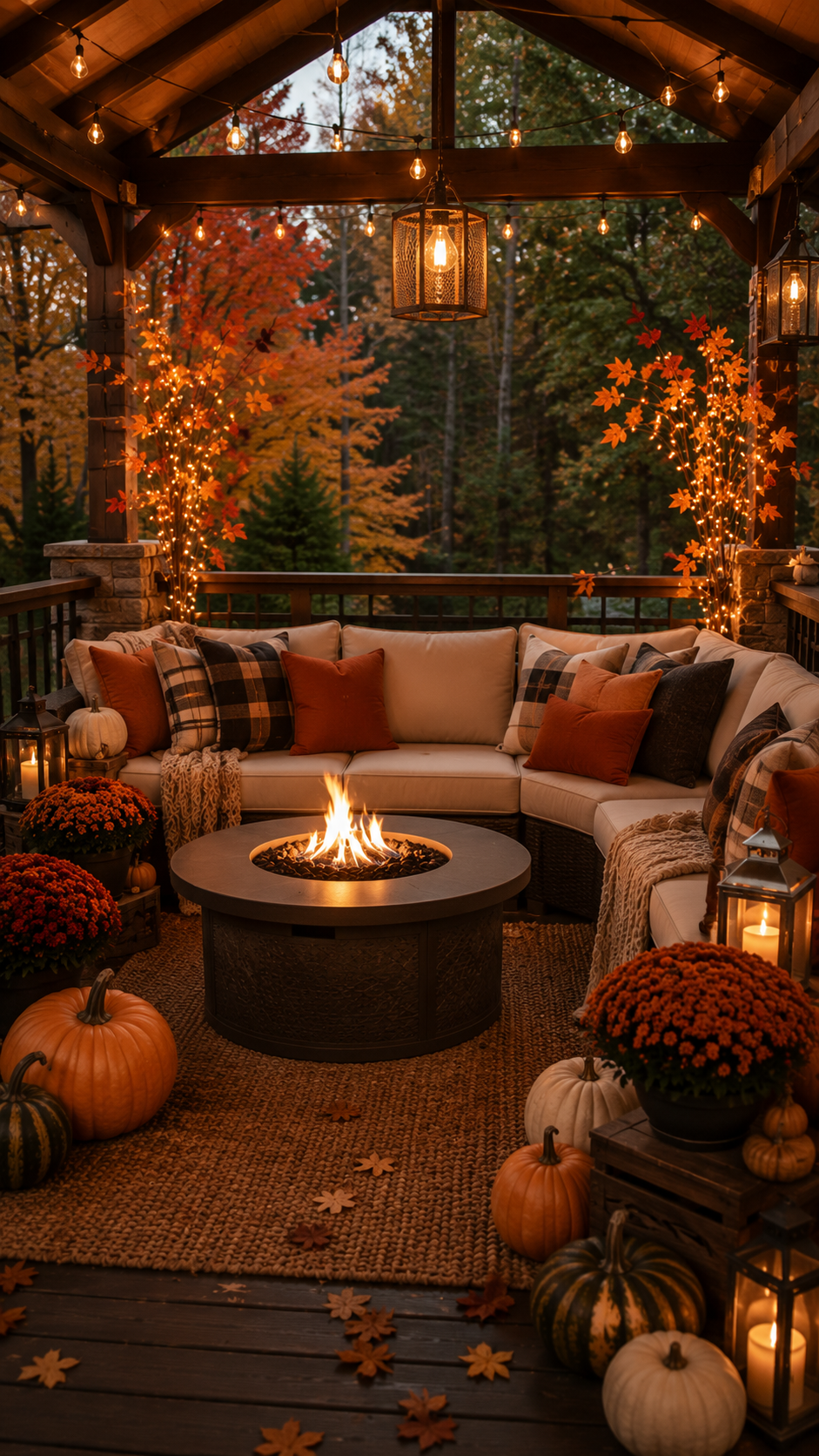 Covered pavilion fall patio decor with round fire pit, cream sectional, wicker seating, pumpkins, orange mums, lanterns, wood beams, string lights, and forest view