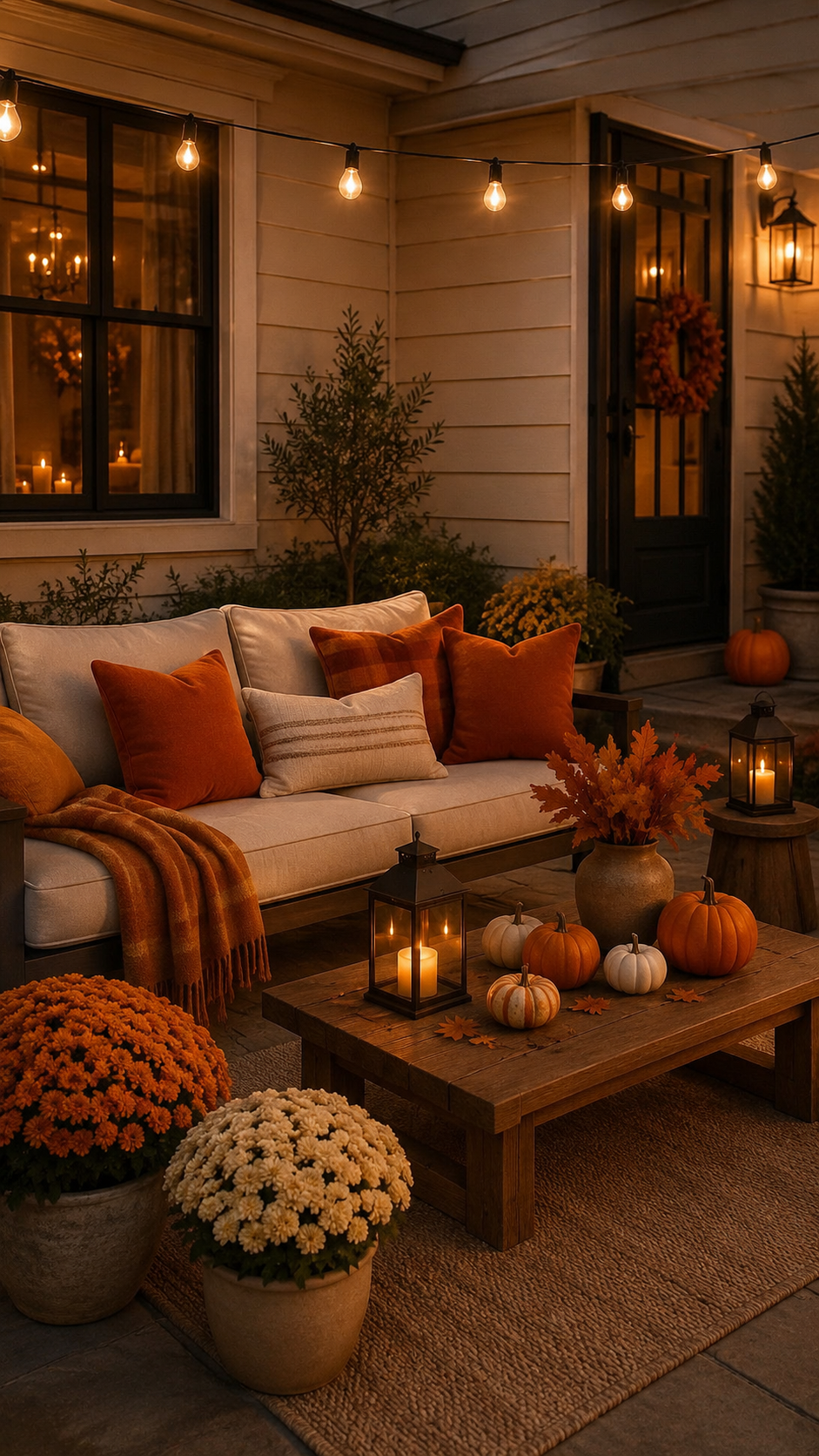 Autumn patio with cream sofa, wooden coffee table, orange pillows, plaid cushions, black lantern, fall wreath, potted mums, pumpkins, string lights, and outdoor rug