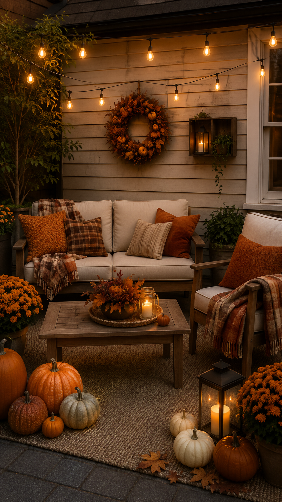 Small fall patio decor with cream sofa, outdoor chair, wooden coffee table, autumn wreath, string lights, pumpkins, mums, candles, and cozy blankets