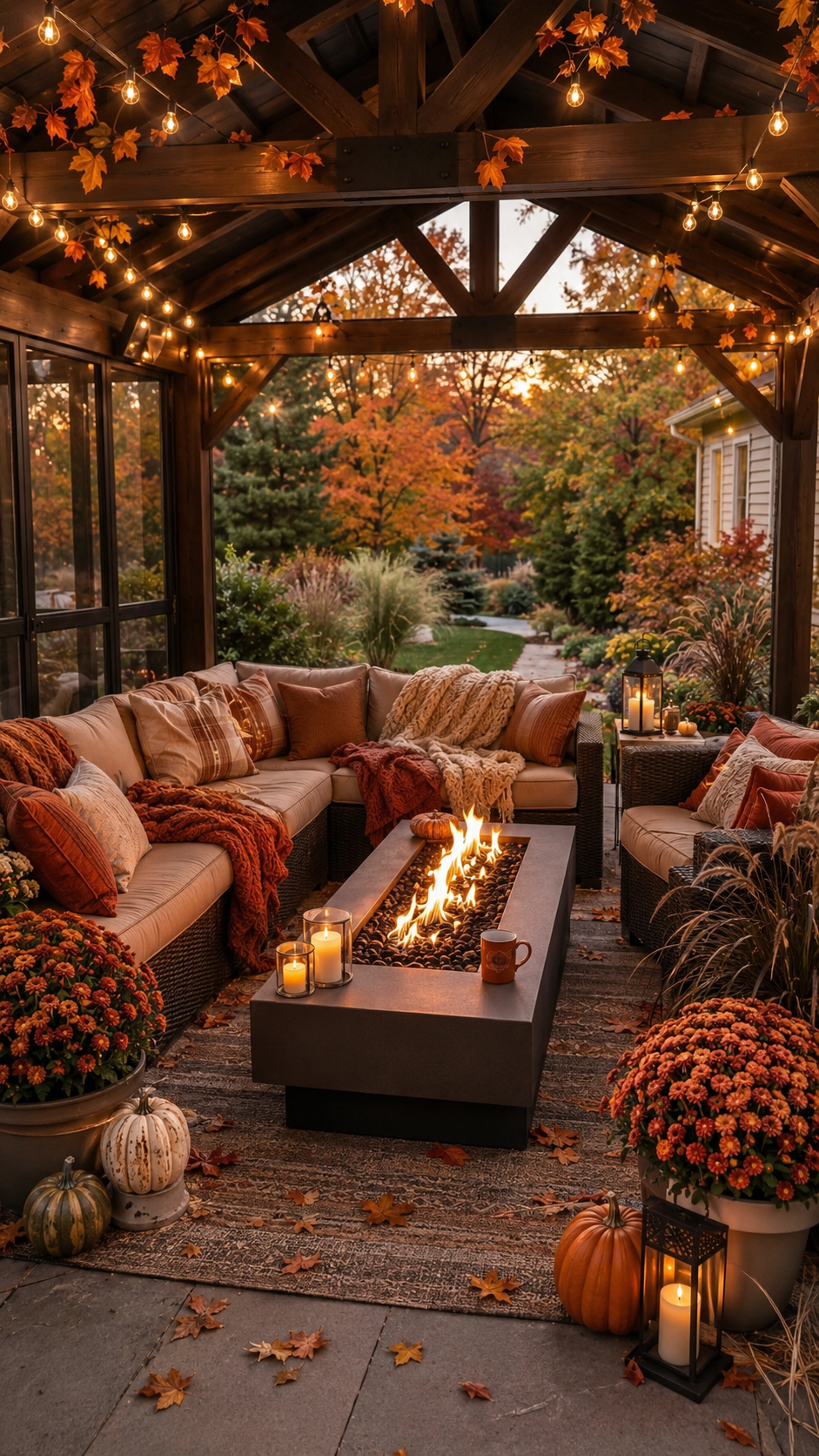 Covered timber roof fall patio with rectangular fire table, cream sectional sofas, autumn pillows, string lights, hanging leaves, mums, pumpkins, and lanterns