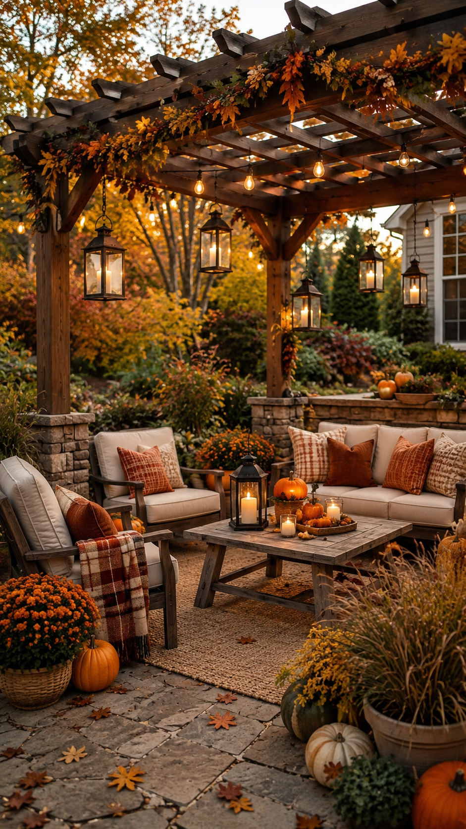 Garden fall patio with wooden pergola, fall garland, hanging lanterns, cream sofas, rustic coffee table, pumpkins, mums, ornamental grasses, and woven rug