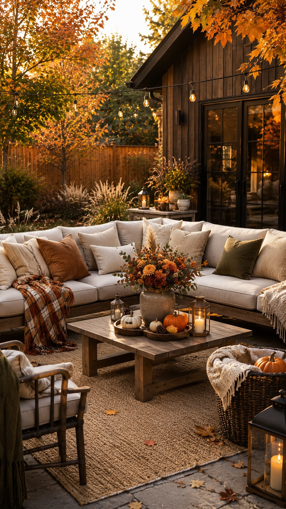Backyard fall patio with cream sectional, rustic coffee table, fall flower vase, pumpkins, candles, lanterns, string lights, woven rug, and autumn trees