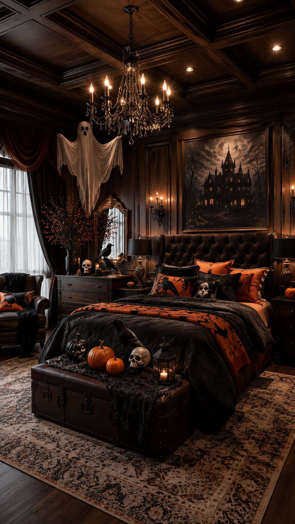 Dark haunted manor Halloween bedroom with wood-paneled walls, black tufted bed, orange accents, crystal chandelier, haunted artwork, skulls, ravens, ghost, leather trunk, candles, lanterns, and vintage rug