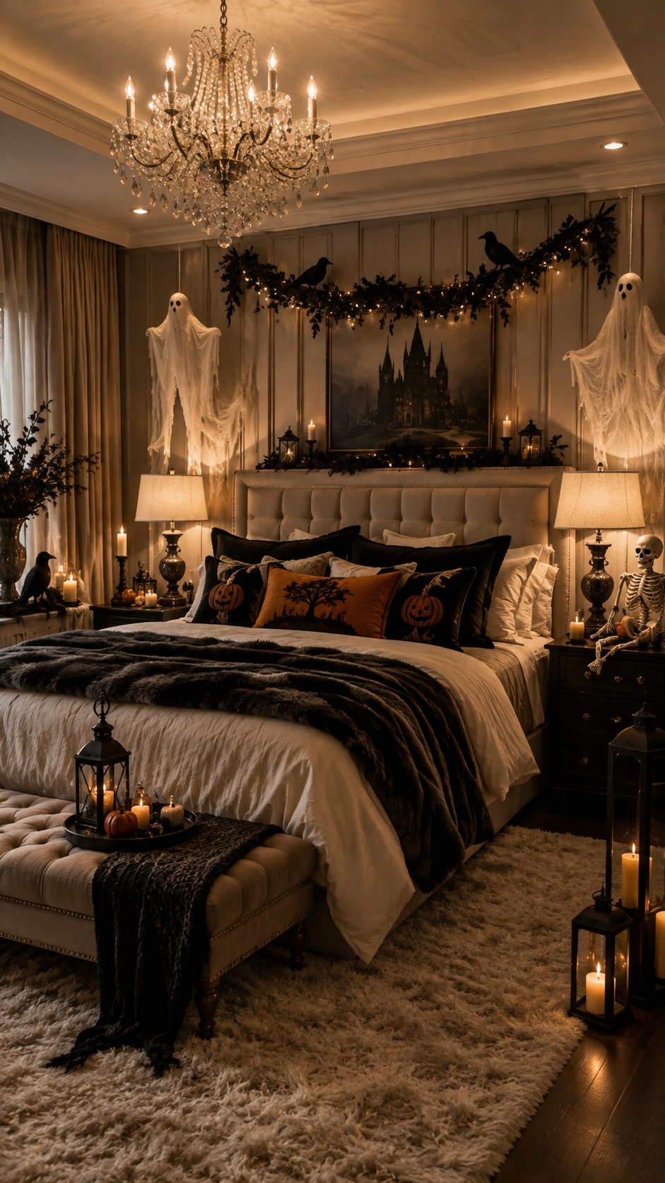 Luxury Halloween bedroom with cream tufted bed, white bedding, black pillows, charcoal throw, pumpkin cushions, chandelier, haunted-house artwork, ghosts, skeleton, lanterns, candles, and dark branches