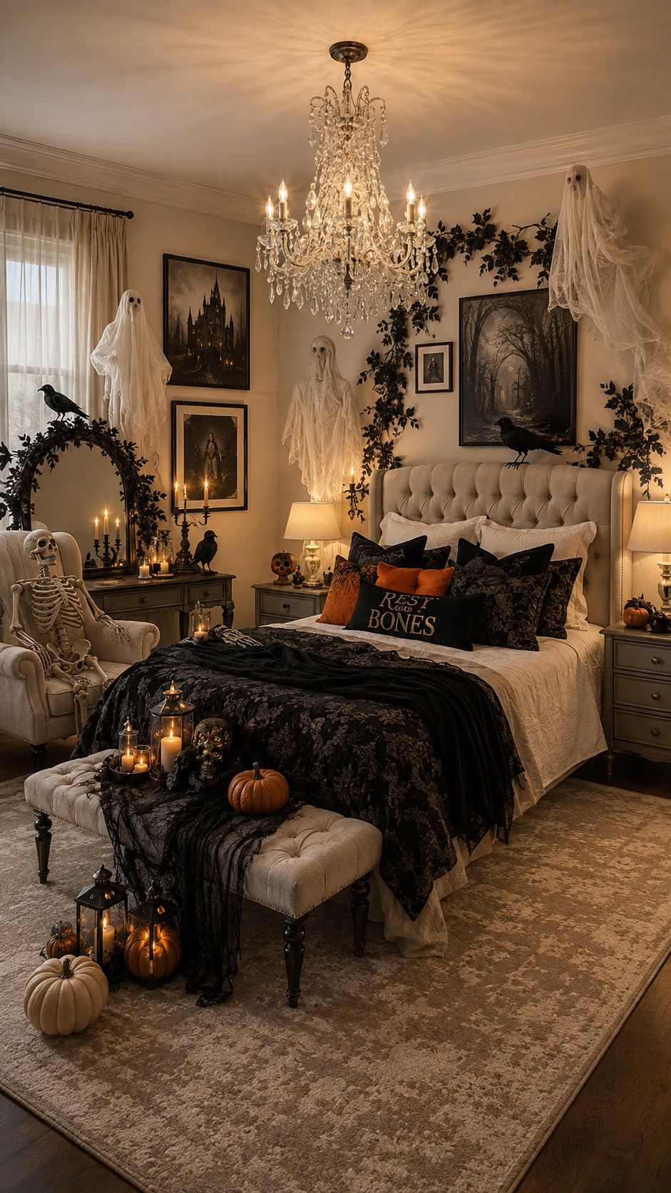 Elegant Halloween bedroom with crystal chandelier, tufted headboard, white bedding, black floral layers, Rest Your Bones pillow, ghosts, ravens, skeleton chair, pumpkins, lanterns, and candles