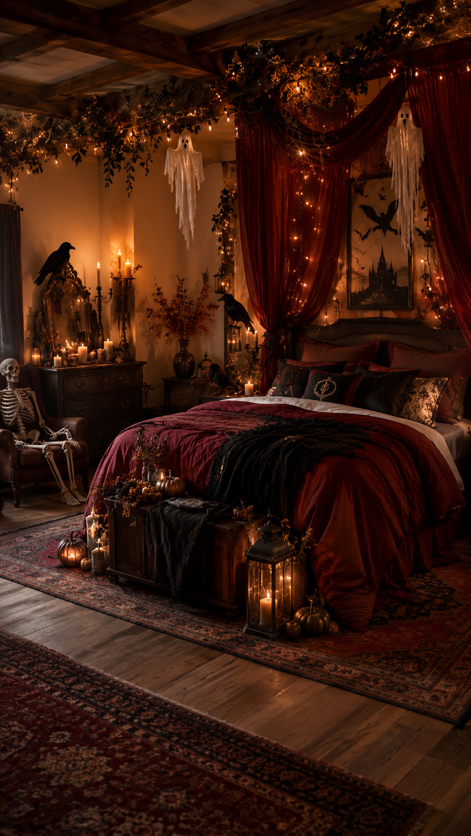 Burgundy gothic Halloween bedroom with wine bedding, black throw, burgundy canopy drapes, ghost decorations, ravens, skeleton chair, candelabras, trunk, pumpkins, candles, and vintage rugs