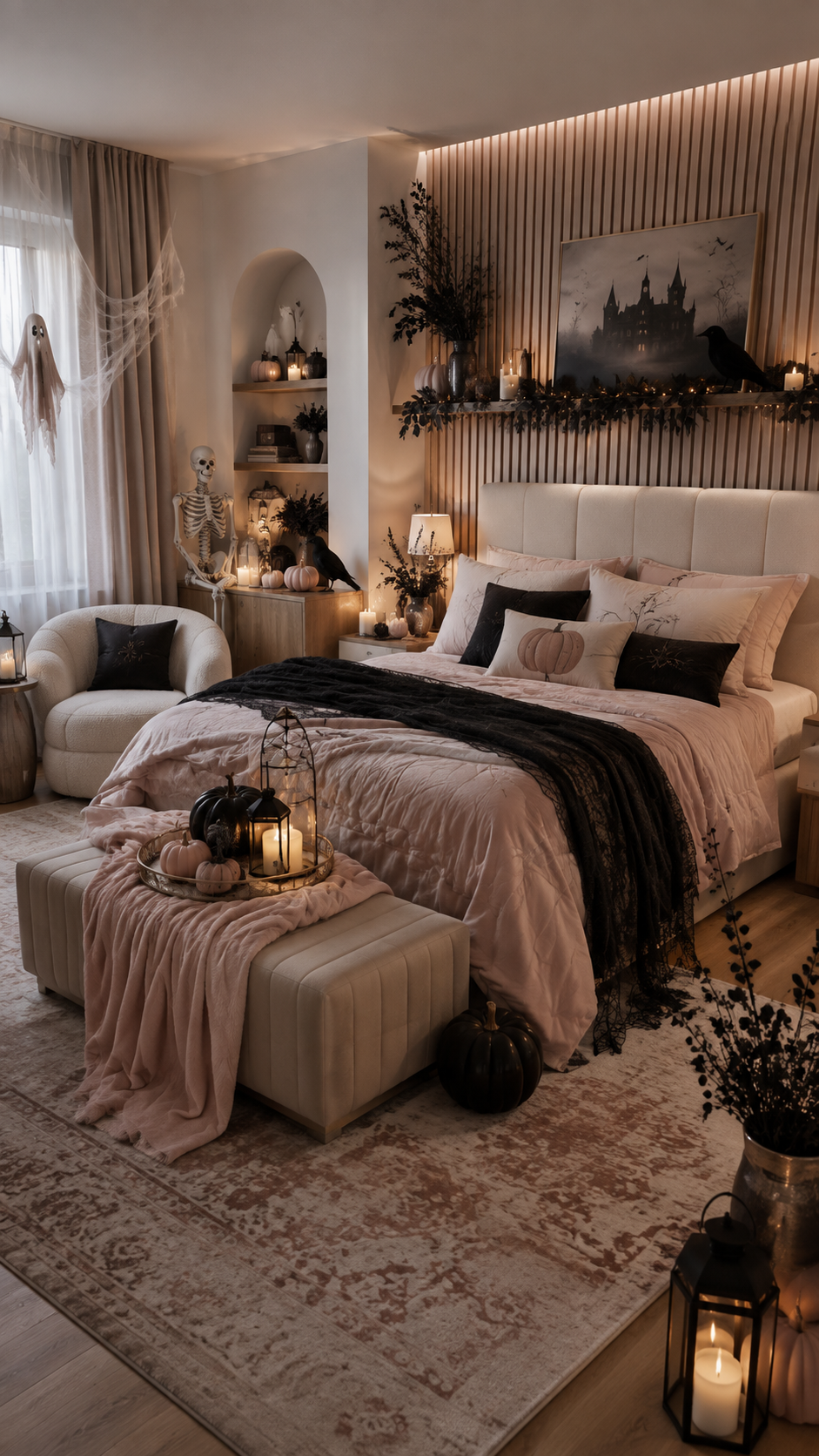 Soft pink Halloween bedroom with cream upholstered bed, blush bedding, black pillows, pumpkin pillow, black throw, wood slat wall, haunted artwork, skeleton, ghost, lanterns, candles, and arched niche