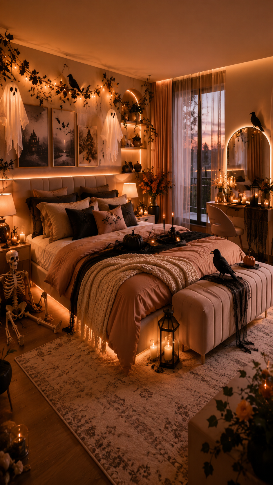 Blush and black Halloween bedroom with upholstered bed, blush duvet, black runner, black pumpkin, LED lighting, ghosts, ravens, skeleton, arched mirrors, candles, and lanterns