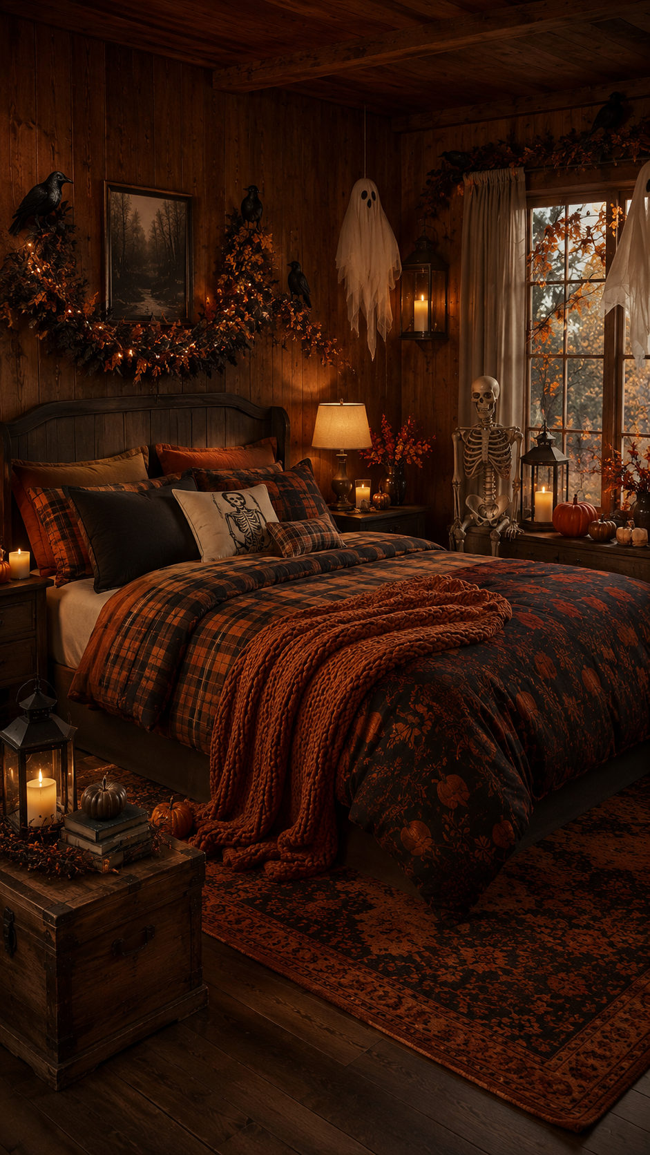 Rustic cabin Halloween bedroom with wood-paneled walls, plaid bedding, orange knit throw, ghost decorations, raven garland, skeleton by window, trunk, pumpkins, lanterns, and autumn view