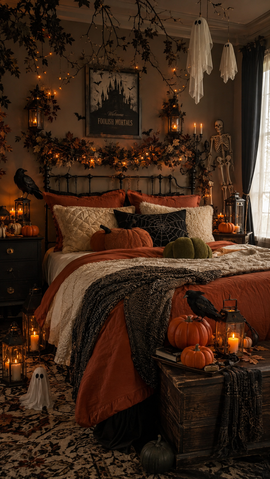 Gothic Halloween bedroom with black metal bed, rust bedding, pumpkin cushions, spiderweb pillow, ghost decorations, bat garland, skeleton, trunk, lanterns, candles, and patterned rug