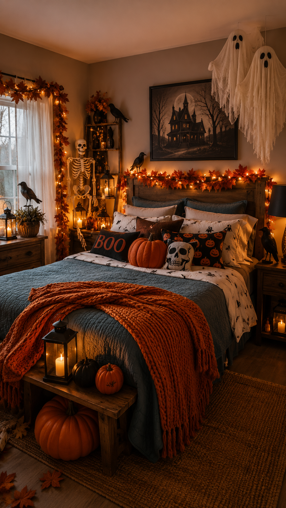 Farmhouse Halloween bedroom with rustic wood bed, charcoal quilt, BOO pillow, pumpkin cushion, orange chunky knit throw, skeleton, ghost decorations, lanterns, pumpkins, and autumn garland