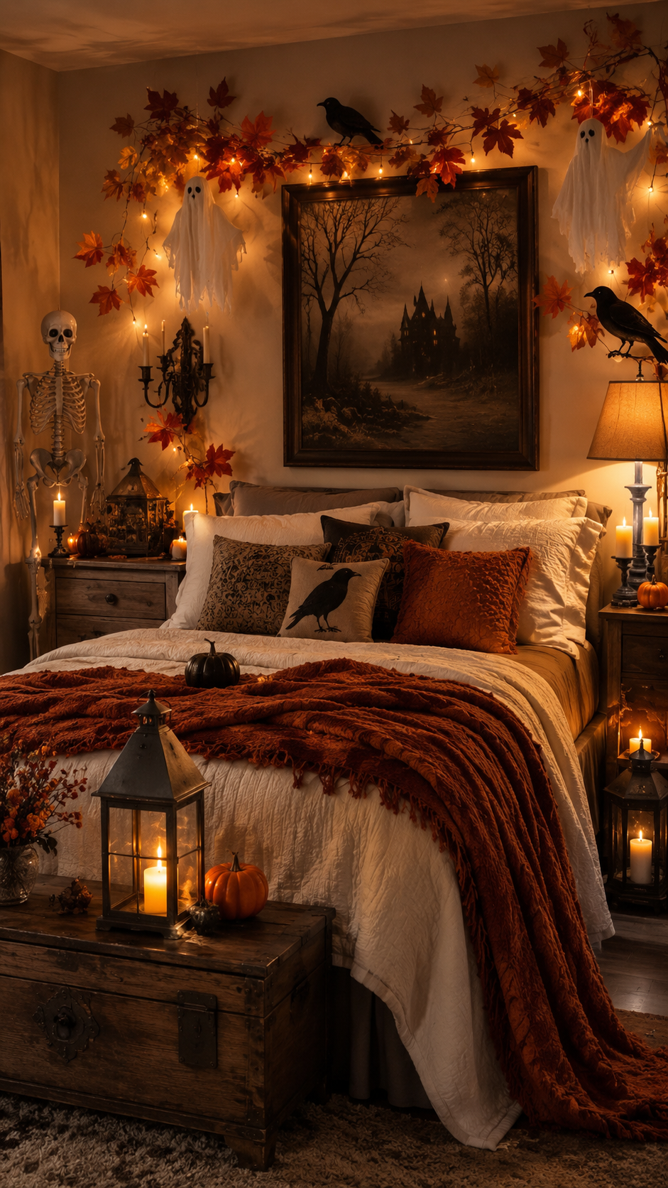 Cozy Halloween bedroom with white bedding, burnt orange throw, raven pillow, black pumpkin, haunted landscape wall art, ghost decorations, skeleton, wooden trunk, candles, and lanterns