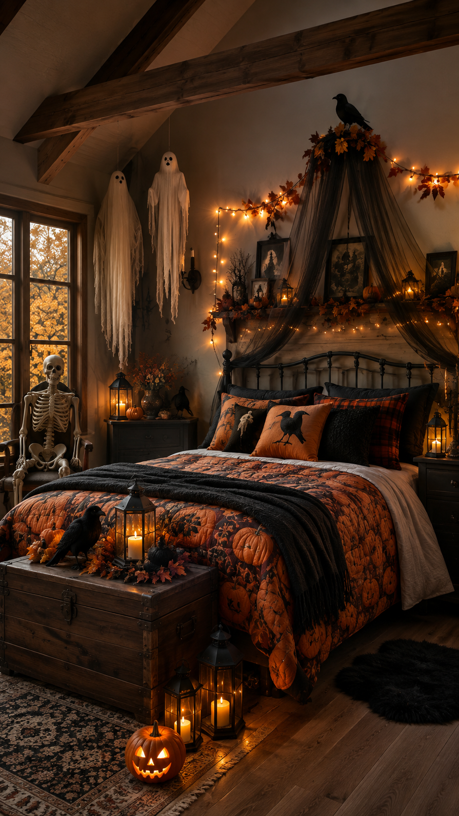 Cabin-style Halloween bedroom with sloped ceiling, black metal bed, orange and black bedding, ghost decorations, skeleton chair, string lights, rustic trunk, candles, ravens, and autumn leaves