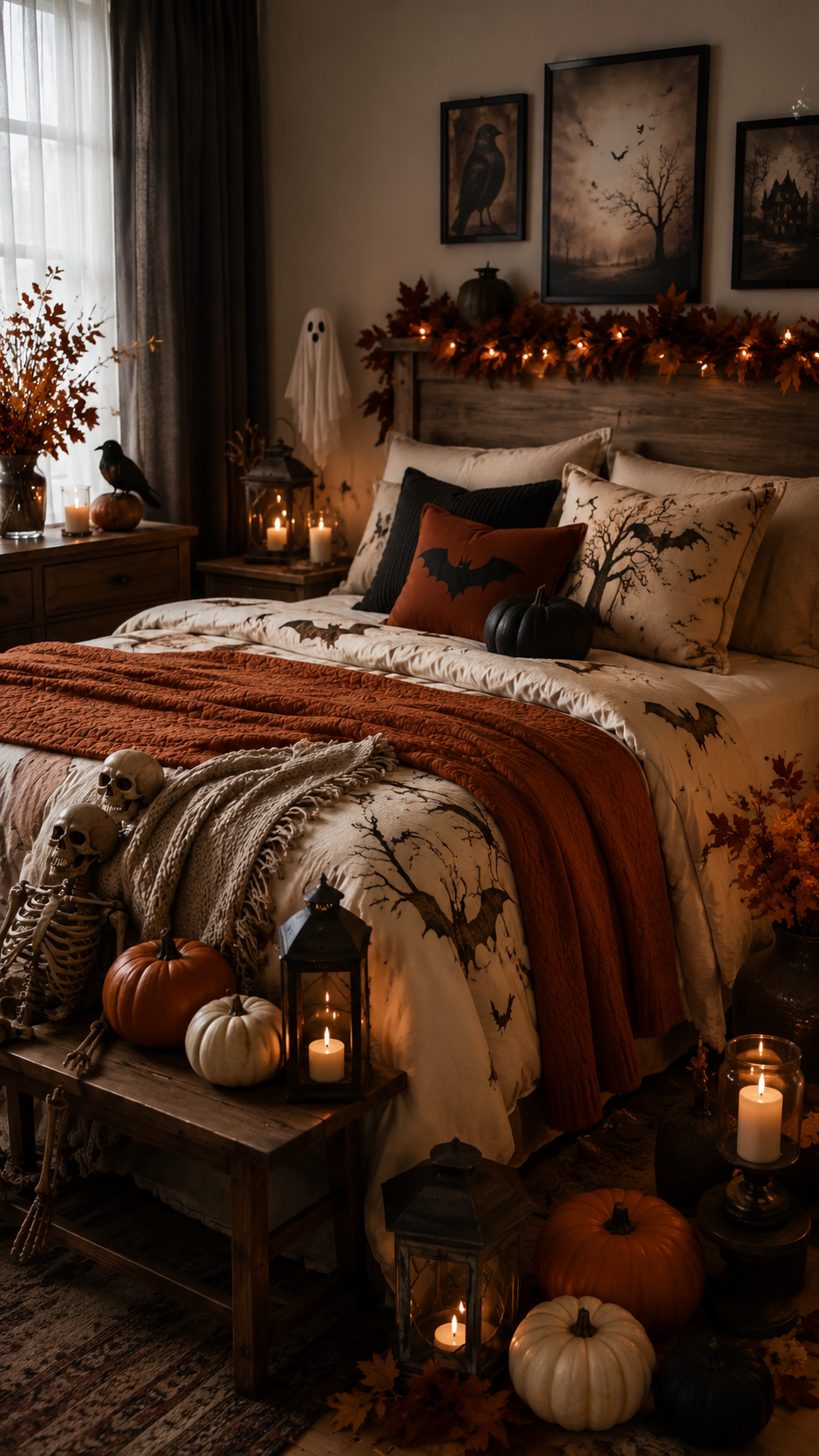Rustic Halloween bedroom with wooden bed frame, cream bedding, bat pillows, orange quilt, chunky throw, skeleton on bench, pumpkins, candles, lanterns, ravens, and fall garland
